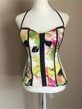 VINTAGE bebe Floral Halter Corset Top in Pink, Green & Black